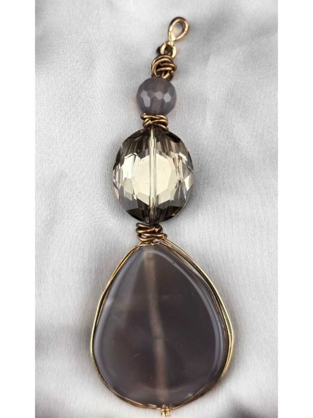 Handcrafted Teardrop Wire-Wrapped Pendant With Smoky Stones 4"